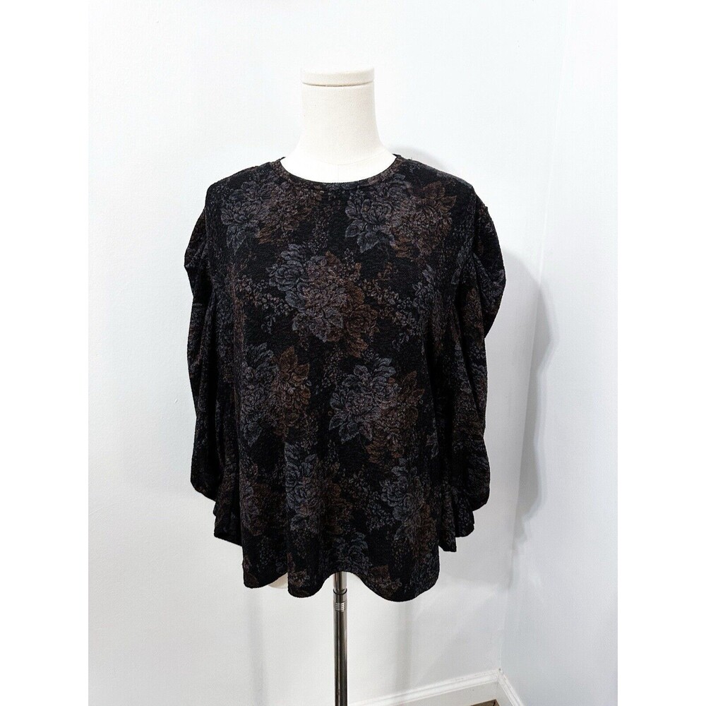 Zara Trafaluc S/S 18 Black Metallic Floral Print Puff Sleeve Top Womens Blouse